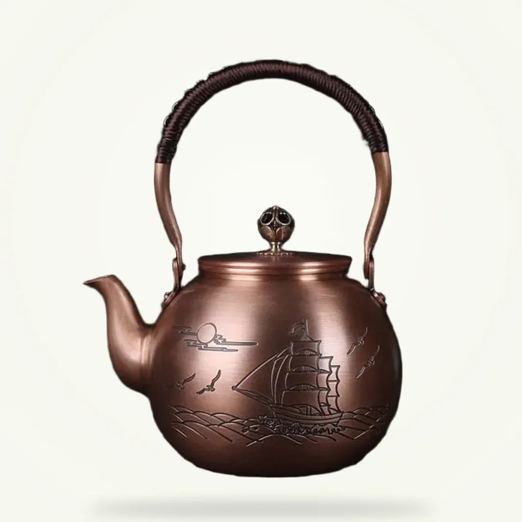 Chinese copper teapot with sailboat motif, 1.5L capacity, product photo on plain background