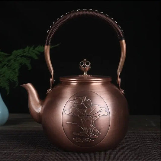 Chinese copper teapot water lily design, 1.5 liter serving pot detail