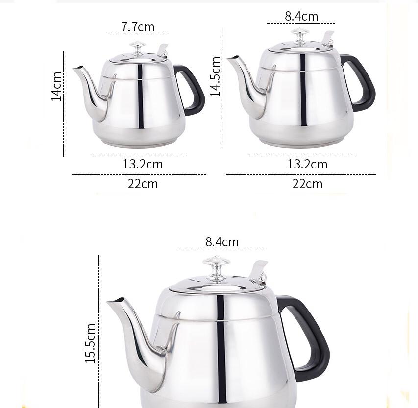 Stainless steel induction teapot on kitchen counter beside tea tin