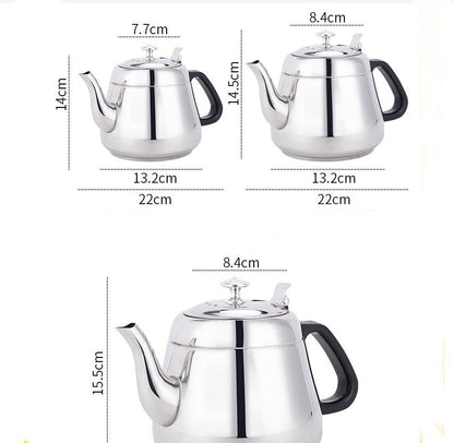 Stainless steel induction teapot on kitchen counter beside tea tin