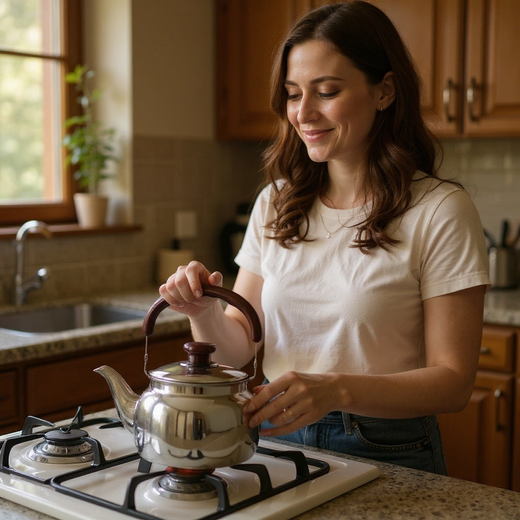 Vintage stovetop teapot on a gas stove in a cozy kitchen