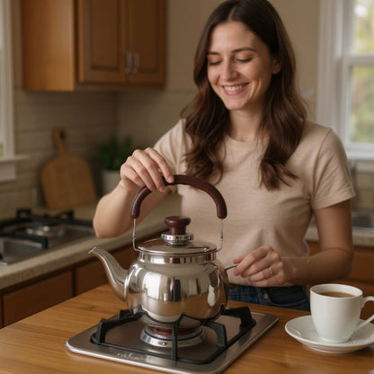 Stovetop teapot in use on a gas burner