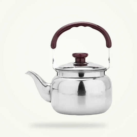 Classic Vintage Stovetop Teapot in Stainless Steel, product photo on a plain background