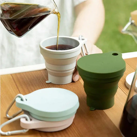 Portable foldable silicone tea cups in four colors green gray blue pink