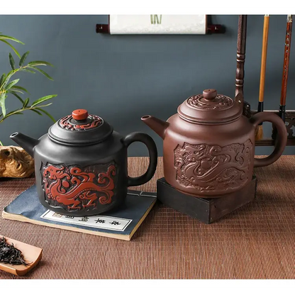 Ceramic teapot with cup, cozy home setting
