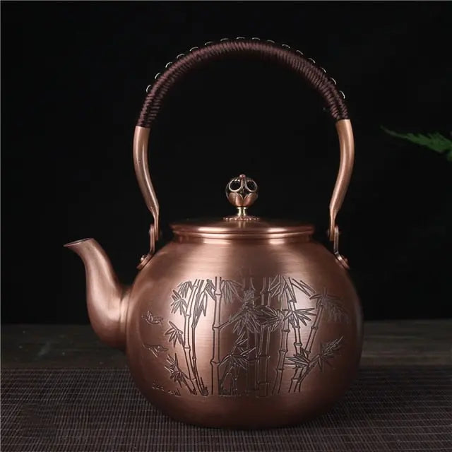 Copper teapot bamboo motif Chinese style, 1.5 liter, engraved surface detail