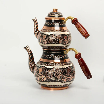 Hand-engraved floral copper caydanlik teapot, two-tier Turkish brewing style