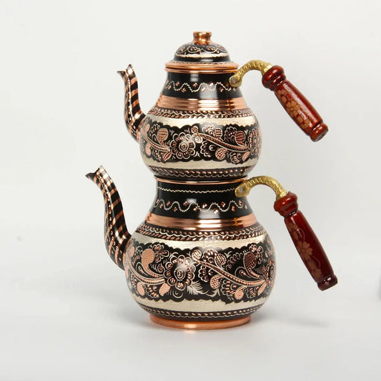 Hand-engraved floral copper caydanlik teapot, two-tier Turkish brewing style