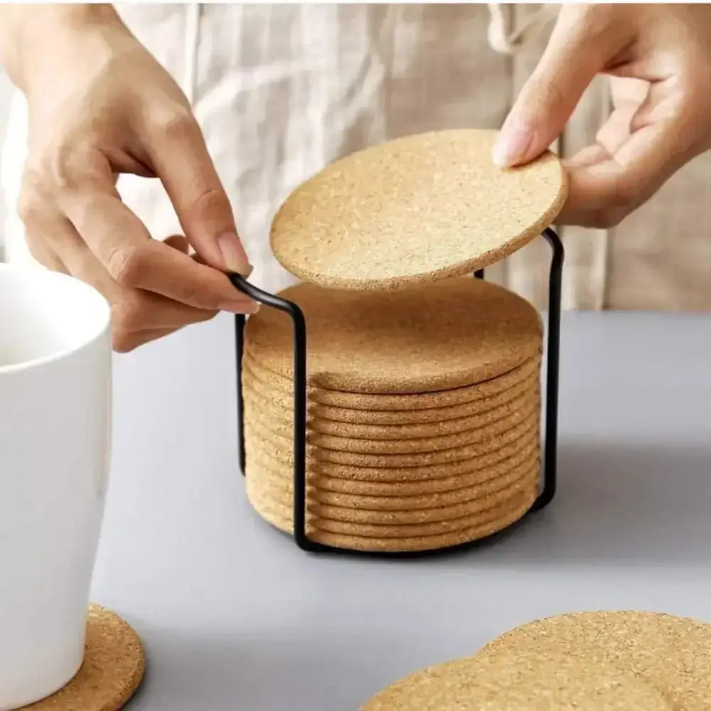 Cork coaster under a steaming tea cup