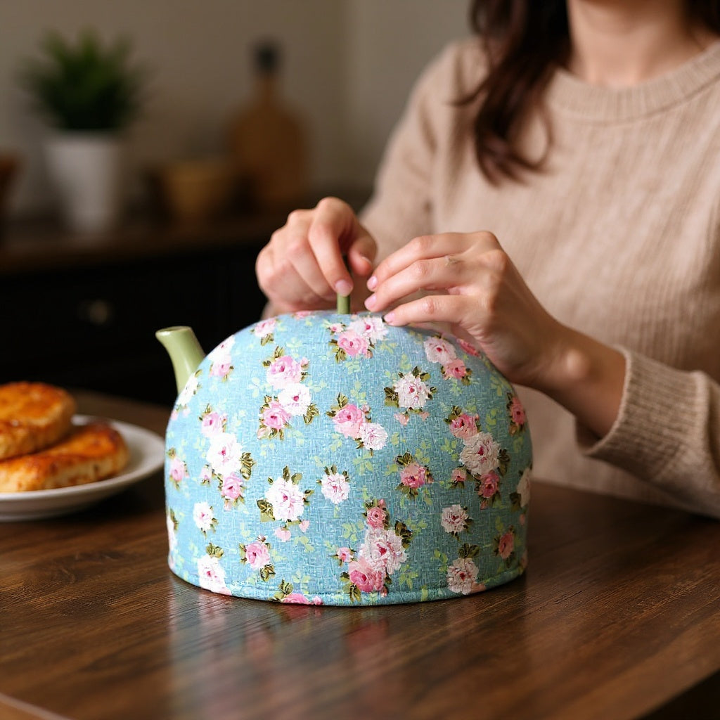 Cotton teapot cozy fitted on a ceramic teapot in a home kitchen setting