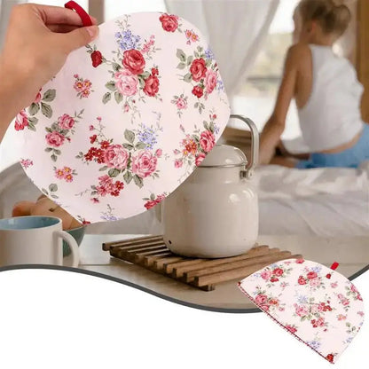 Brown cotton teapot cozy flat lay showing fabric texture and shape