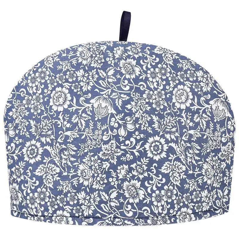 Navy cotton teapot cozy fitted on teapot, deep blue color detail