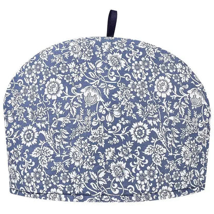 Navy cotton teapot cozy fitted on teapot, deep blue color detail