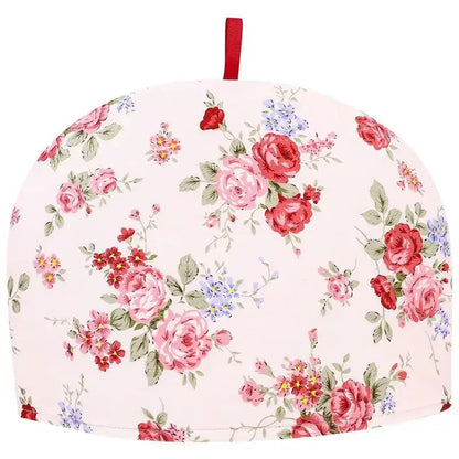 Red cotton insulated teapot cozy on teapot, bold accent color for kitchen decor