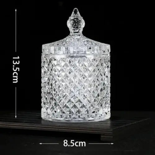 Diamond-shaped glass tea canister with lid, clear faceted crystal glass
