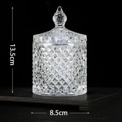 Diamond-shaped glass tea canister with lid, clear faceted crystal glass