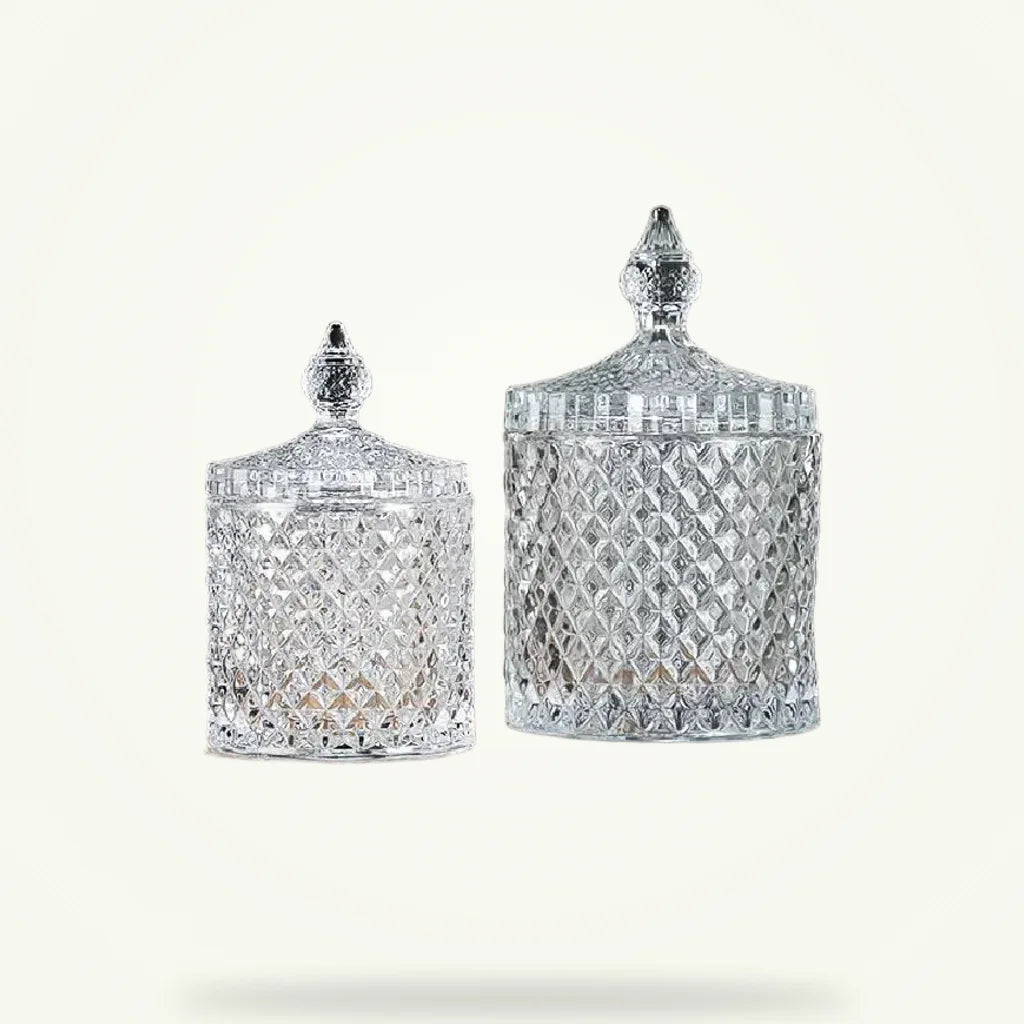 Crystal glass tea jar with lid, Coupe shape, clear glass product photo