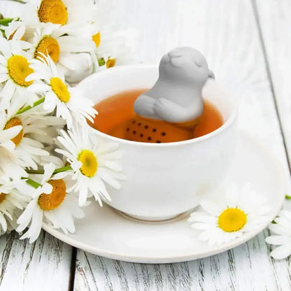 Rabbit tea infuser hanging on a white mug