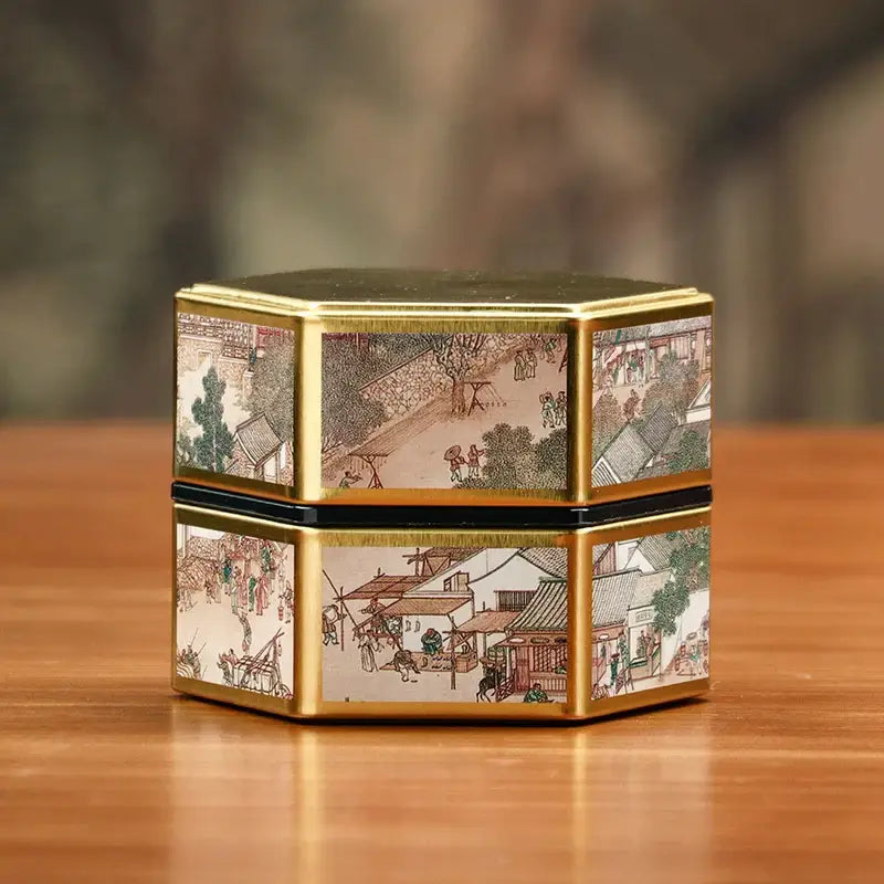 Small green tea canister with traditional Chinese painting decoration