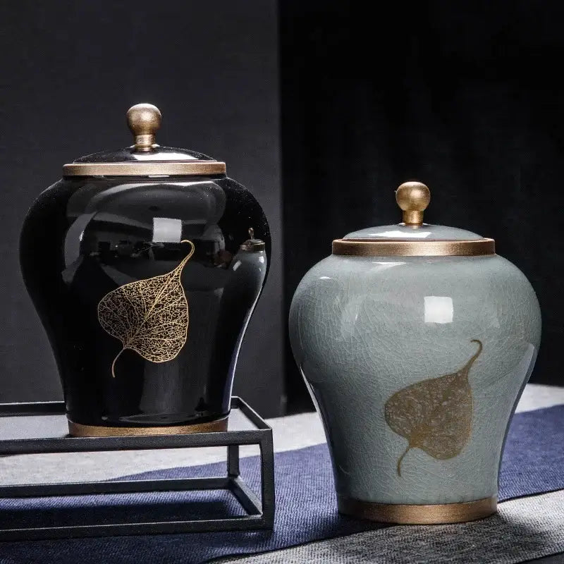 Blue ceramic tea canister with airtight lid on wooden table, 800ml capacity