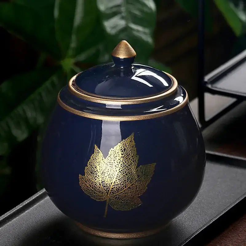 Blue autumn ceramic tea canister with lid