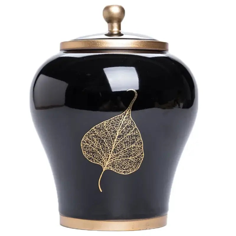 Ceramic tea canister with airtight lid open, showing loose leaf tea inside