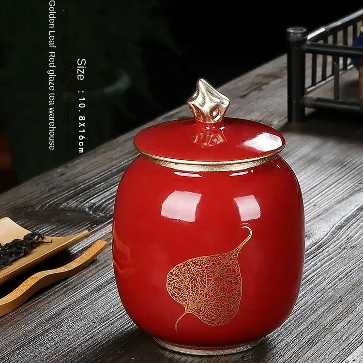 Autumn red hand-painted ceramic tea canister with airtight lid, side view