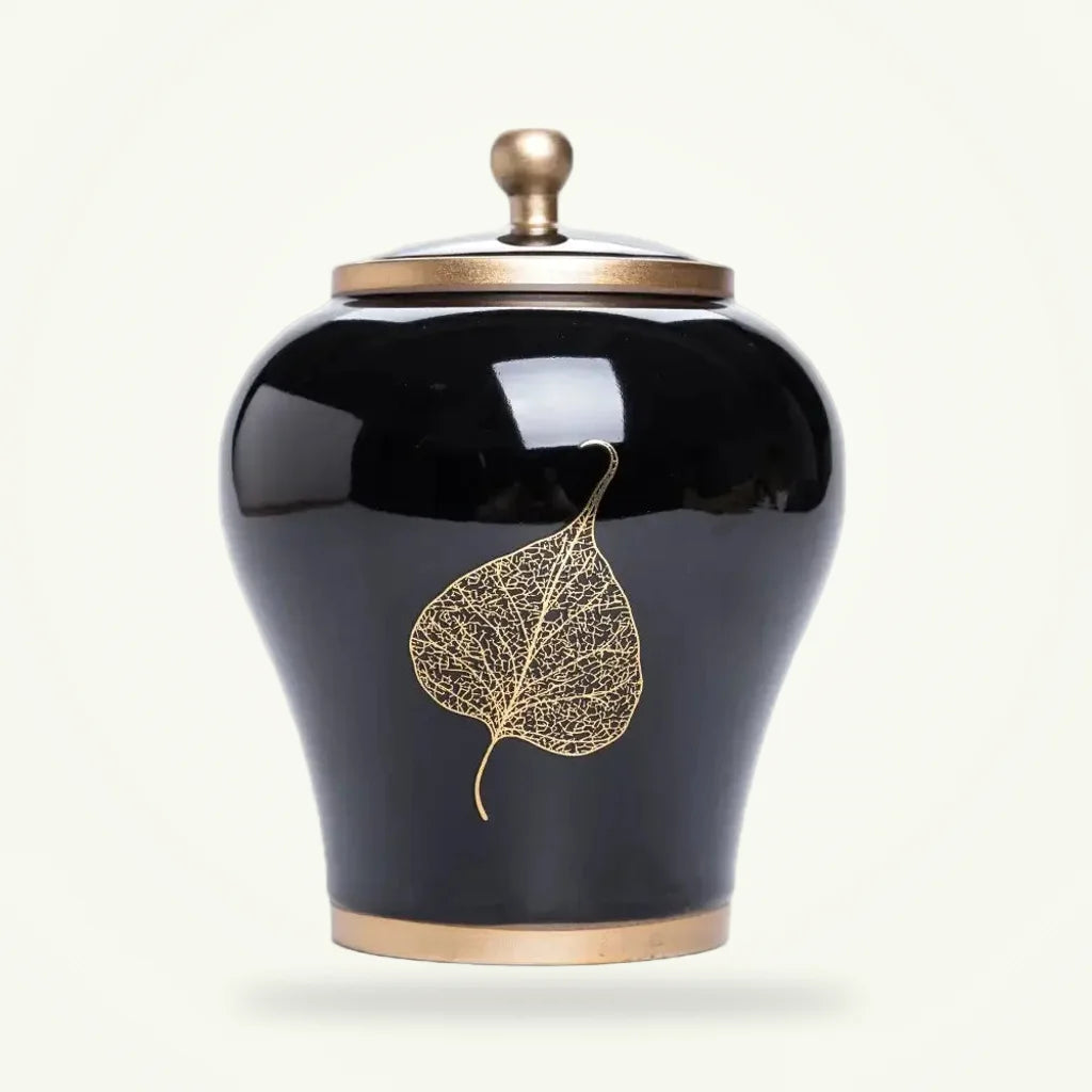 Design ceramic tea canister with airtight lid, full product shot on neutral background