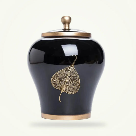 Design ceramic tea canister with airtight lid, full product shot on neutral background