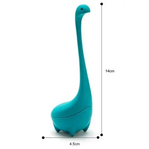 Diplodocus silicone tea infuser resting on a saucer after steeping