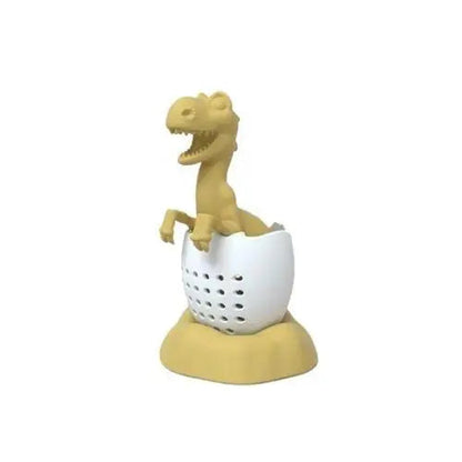 Yellow T-Rex tea infuser with loose leaf tea leaves in mesh basket