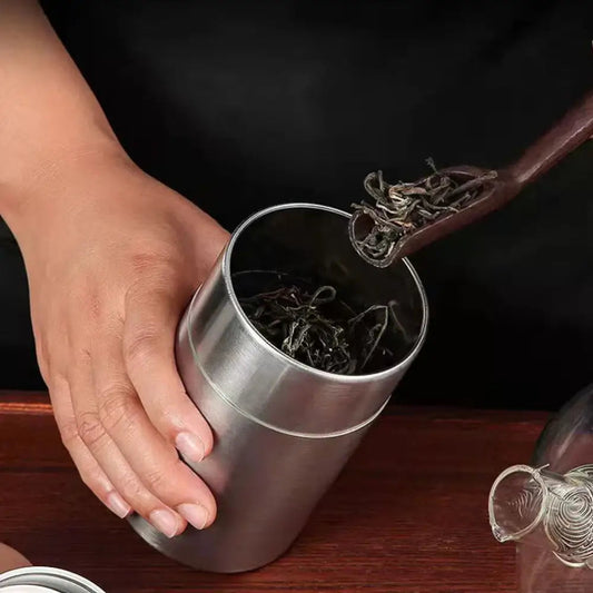 Stainless steel double lid tea storage canister, outer lid removed