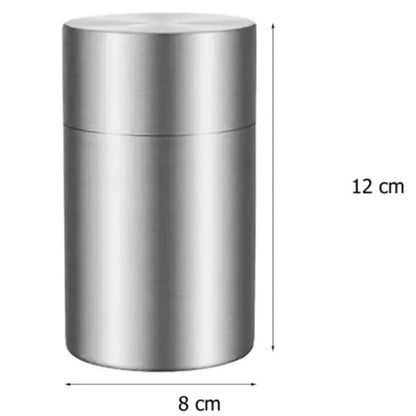 Close-up of double seal lid on stainless steel tea storage canister