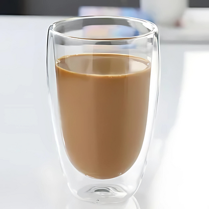 Set of six double wall glass tea cups with tea