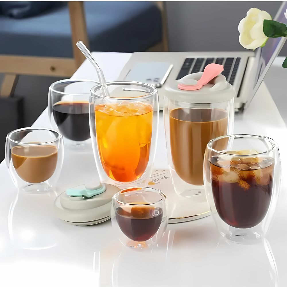 Six double wall glass tea cups arranged together showing clear glass construction