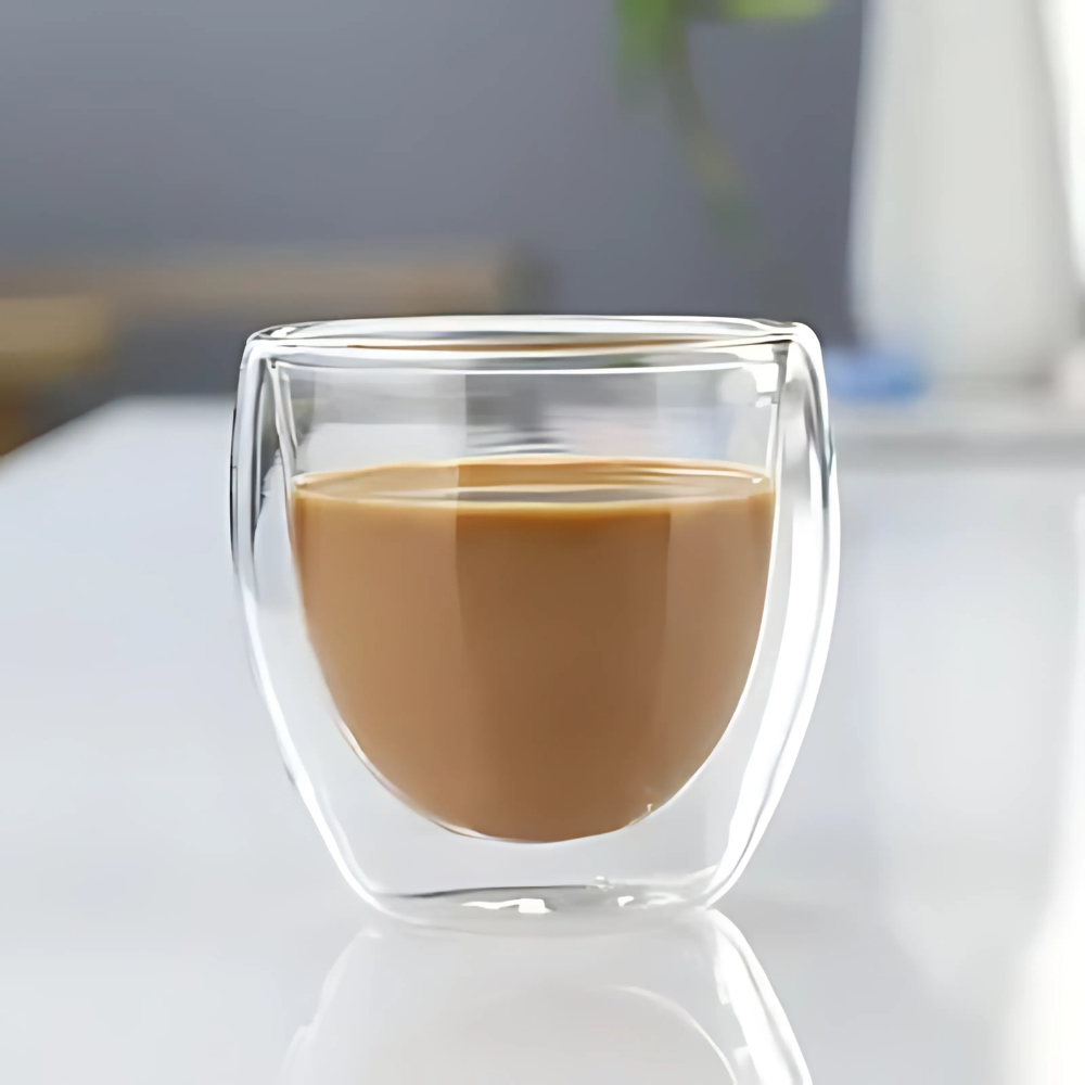 Clear double wall glass cup with golden tea inside, thermal insulation visible