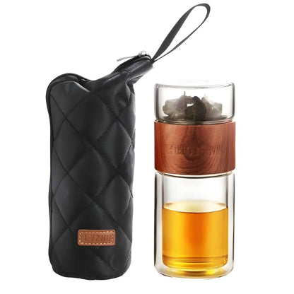 Compact double wall borosilicate glass tea travel bottle