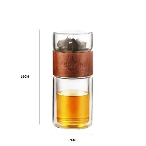 Glass tea thermos size comparison showing 16 by 7 cm dimensions