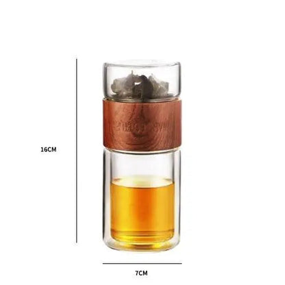 Glass tea thermos size comparison showing 16 by 7 cm dimensions