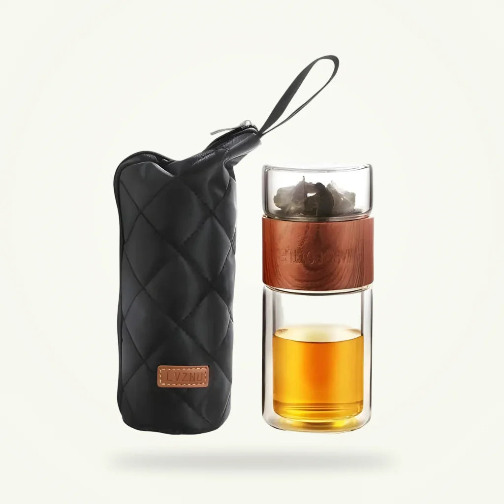 Double Wall Glass Tea Thermos with Infuser, 200ml Travel Tea Bottle, product photo on a plain background