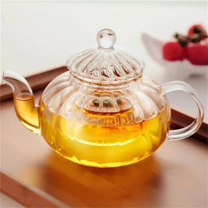 Double wall glass teapot with loose leaf infuser and six matching cups