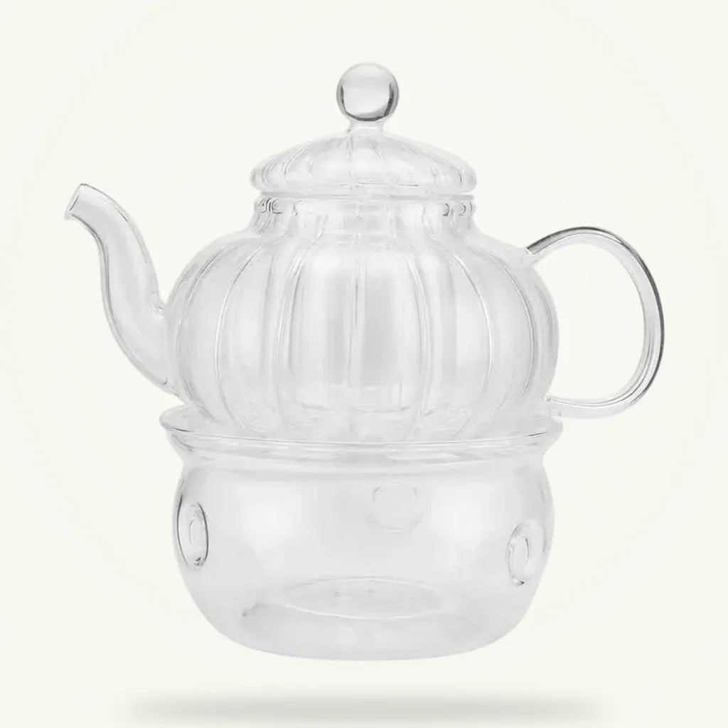 Double wall glass teapot 600ml with 6 cups and candle warmer, full set on plain background
