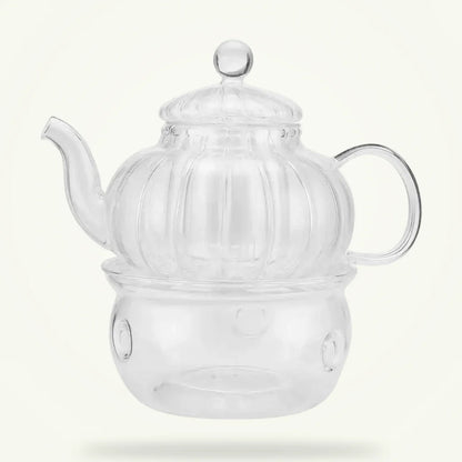 Double wall glass teapot 600ml with 6 cups and candle warmer, full set on plain background