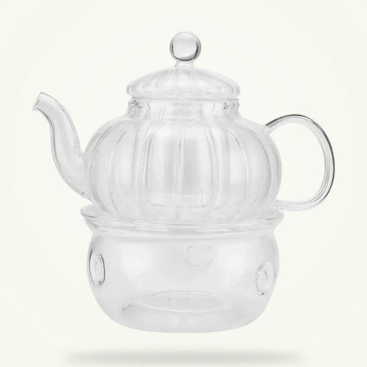 Double wall glass teapot 600ml with 6 cups and candle warmer, full set on plain background
