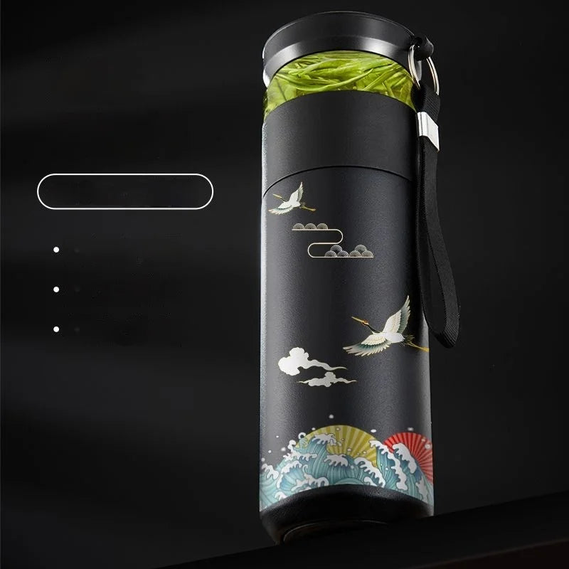 Black ceramic coated double wall tea thermos with infuser, matte finish exterior, 500ml