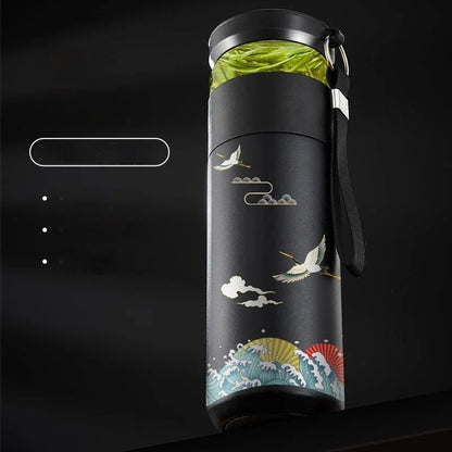 Black ceramic coated double wall tea thermos with infuser, matte finish exterior, 500ml