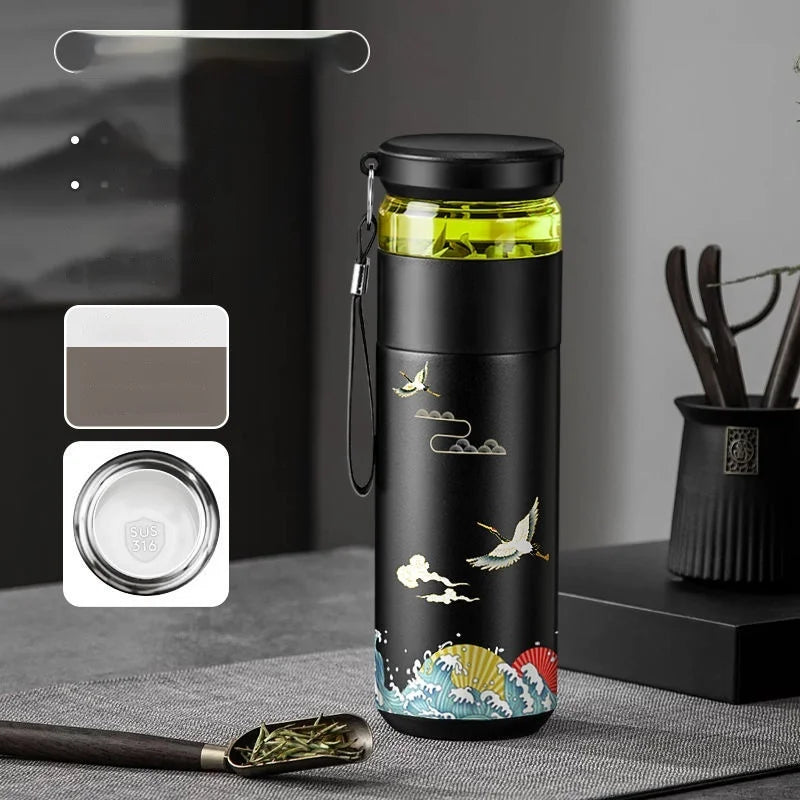 Side view of double wall tea thermos with infuser, showing slim profile for bag carry, 500ml