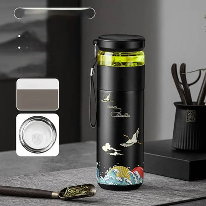Side view of double wall tea thermos with infuser, showing slim profile for bag carry, 500ml