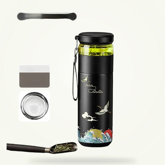 Double wall insulated tea thermos with infuser 500ml, four color variants on plain background