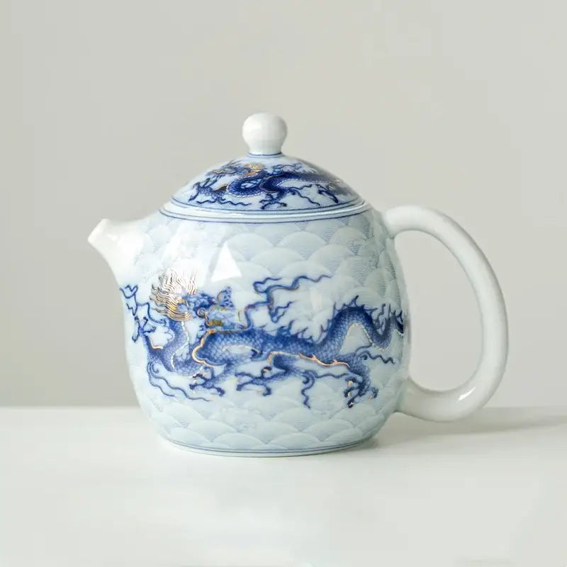 Blue dragon ceramic teapot 150ml on white background